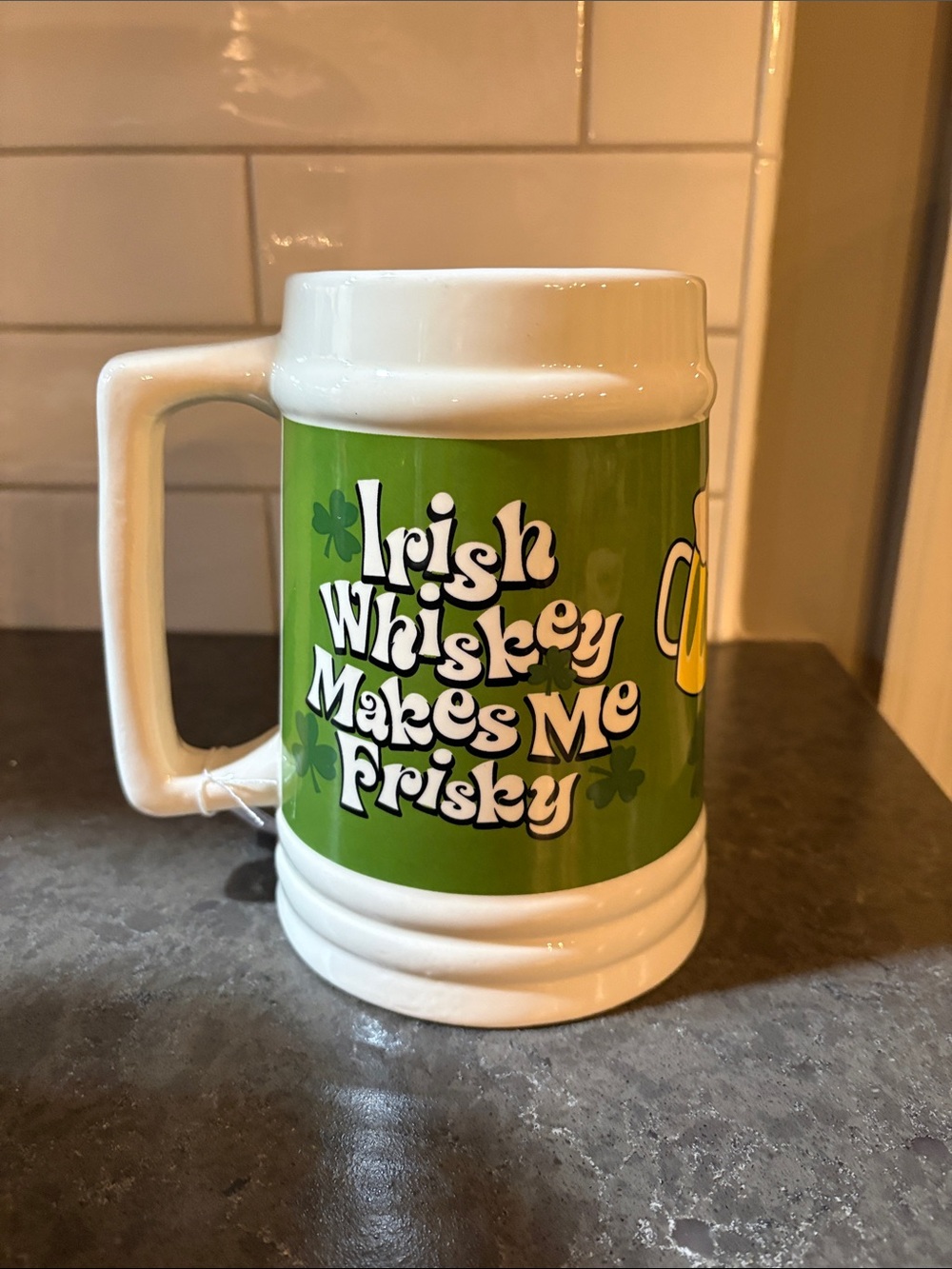 Unbranded Green 'Irish Whiskey Makes Me Frisky' Ceramic Beer Stein